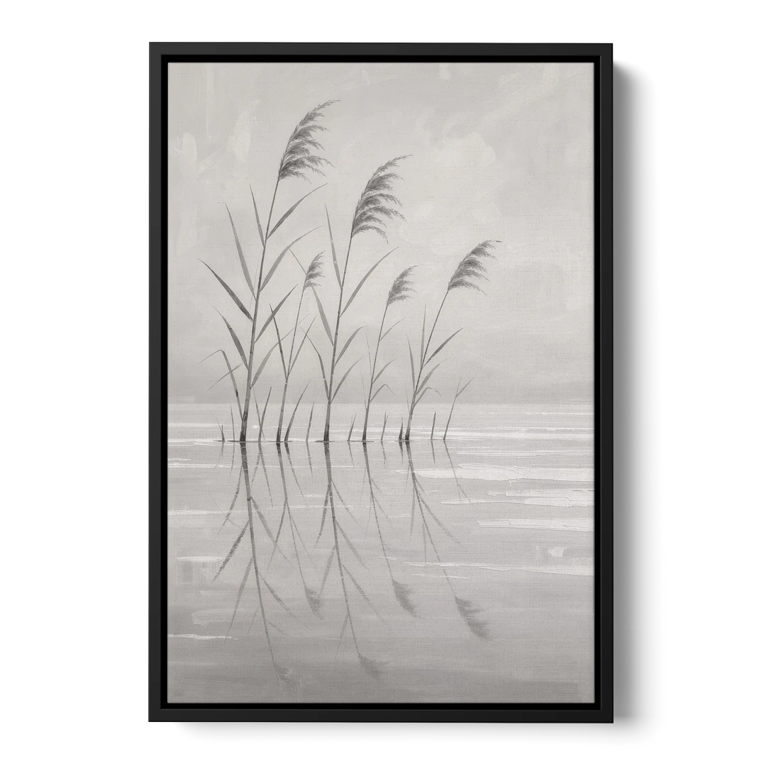 Calm Wall Art of Reeds in Still Water - Black Framed Canvas Wall Art - Front