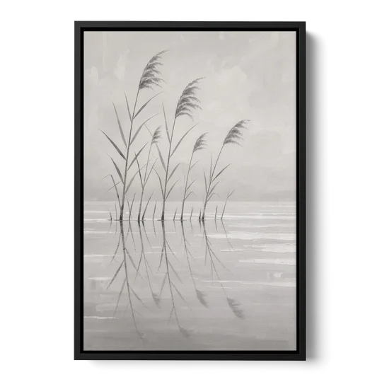 Calm Wall Art of Reeds in Still Water - Black Framed Canvas Wall Art - Front