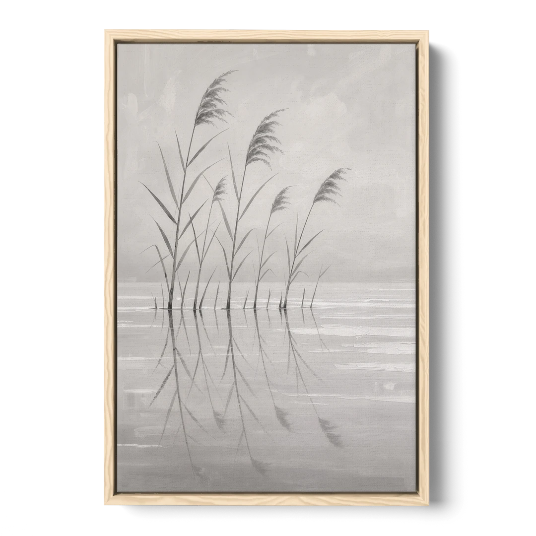 Calm Wall Art of Reeds in Still Water - Oak Framed Canvas Wall Art - Front