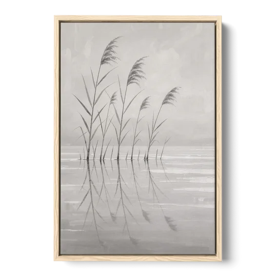 Calm Wall Art of Reeds in Still Water - Oak Framed Canvas Wall Art - Front