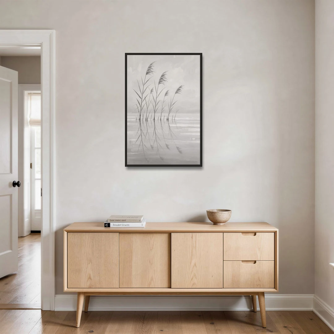 Calm Wall Art of Reeds in Still Water - Black Framed Canvas Wall Art - Coffee Table - 24x36