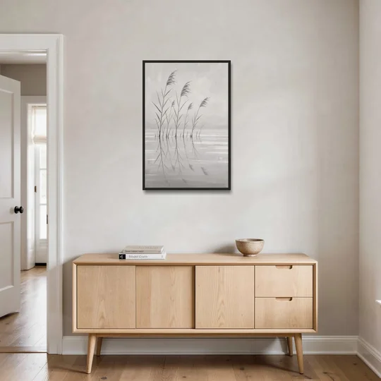 Calm Wall Art of Reeds in Still Water - Black Framed Canvas Wall Art - Coffee Table - 24x36
