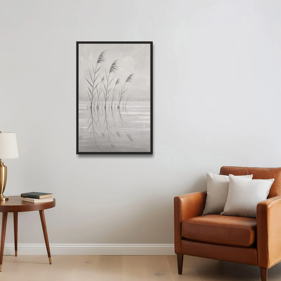 Calm Wall Art of Reeds in Still Water - Black Framed Canvas Wall Art - Sofa - 24x36