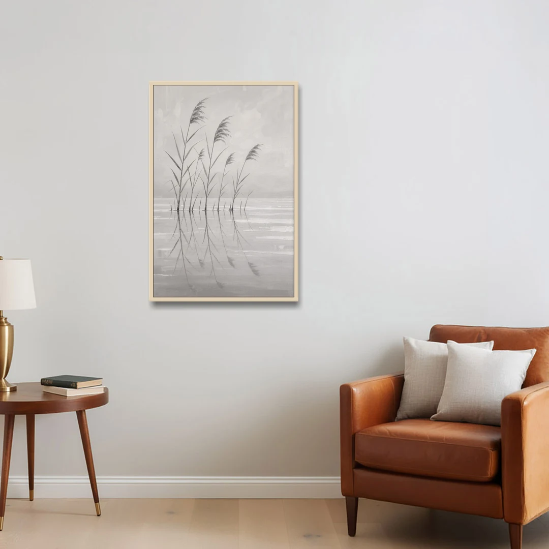 Calm Wall Art of Reeds in Still Water - Oak Framed Canvas Wall Art - Sofa - 24x36