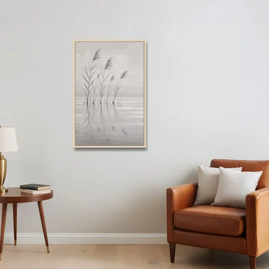 Calm Wall Art of Reeds in Still Water - Oak Framed Canvas Wall Art - Sofa - 24x36