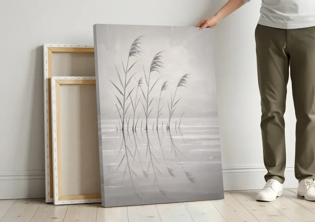 Calm Wall Art of Reeds in Still Water canvas wall art leaning against a wall next to blank canvases