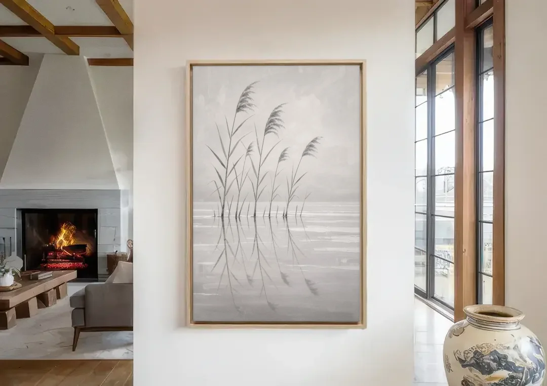 Calm Wall Art of Reeds in Still Water canvas wall art in a living room with a fireplace