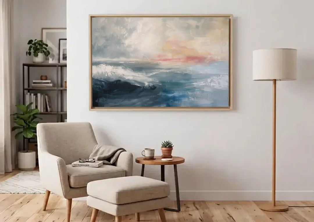 Calming Blossom Seam at Misty Dawn for the Bedroom canvas wall art above an armchair in a bright living room