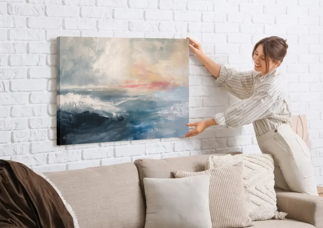 Calming Blossom Seam at Misty Dawn for the Bedroom canvas wall art being hung on a white brick wall above a sofa