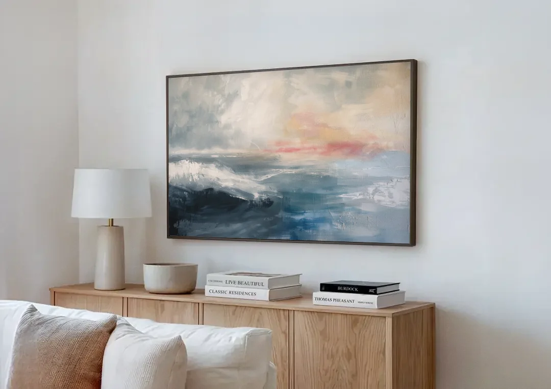 Calming Blossom Seam at Misty Dawn for the Bedroom canvas wall art above a wooden sideboard next to a sofa