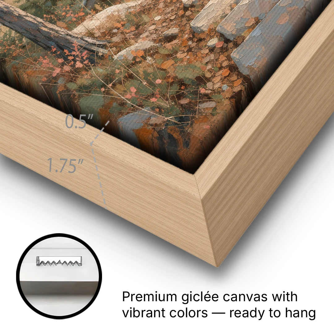 Calming Canvas Art of a Lakeside Cottage Path - Oak Framed Canvas Wall Art - Gallery Wrap Corner