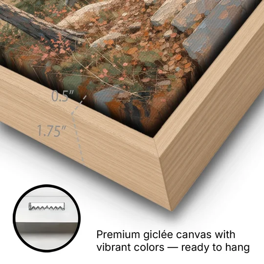Calming Canvas Art of a Lakeside Cottage Path - Oak Framed Canvas Wall Art - Gallery Wrap Corner