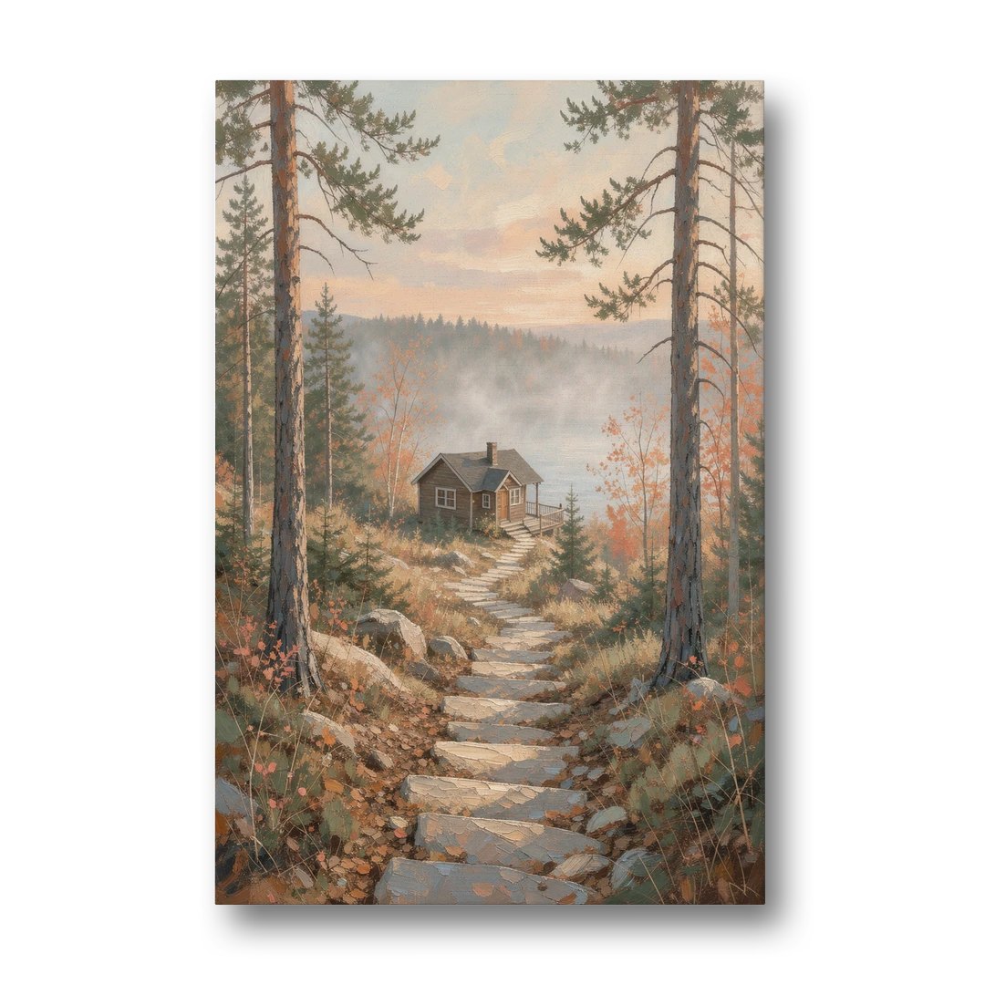 Calming Canvas Art of a Lakeside Cottage Path - Canvas Wall Art - Front