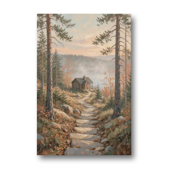 Calming Canvas Art of a Lakeside Cottage Path - Canvas Wall Art - Front