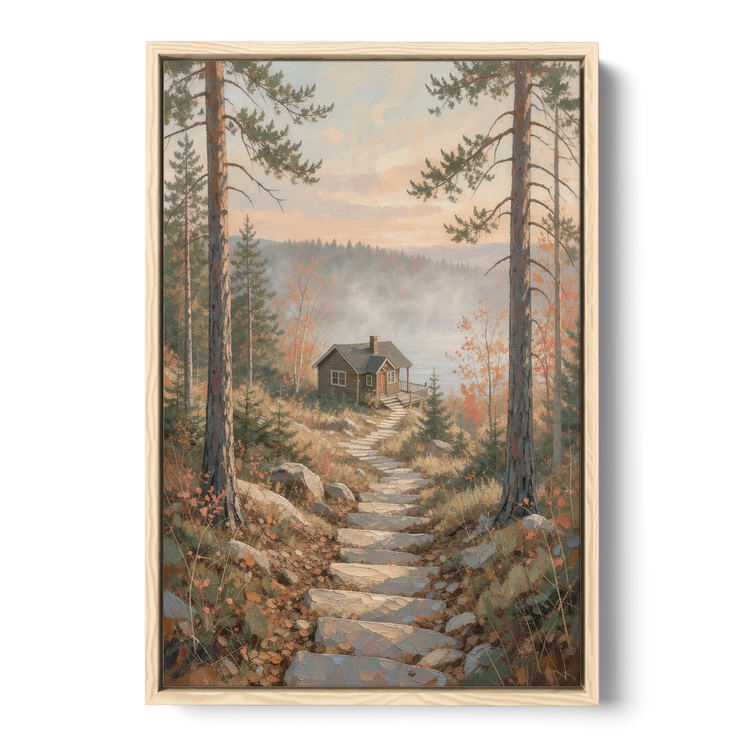 Calming Canvas Art of a Lakeside Cottage Path - Oak Framed Canvas Wall Art - Front