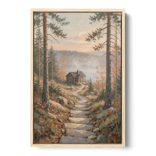 Calming Canvas Art of a Lakeside Cottage Path - Oak Framed Canvas Wall Art - Front