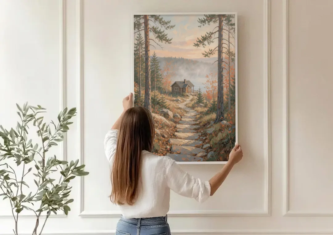 Calming Canvas Art of a Lakeside Cottage Path canvas wall art being hung on a paneled wall
