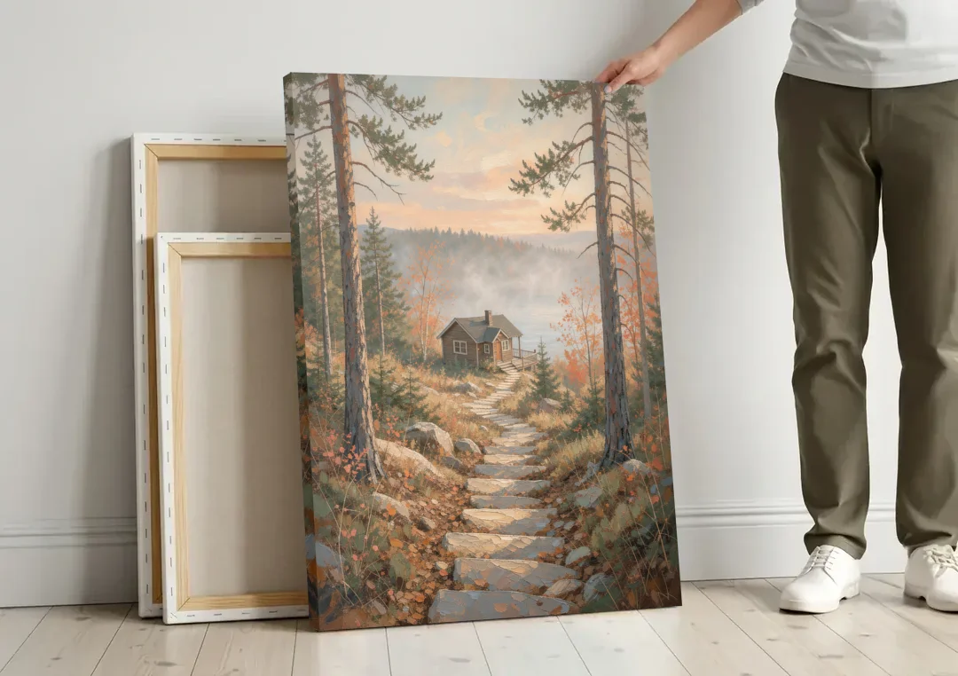 Calming Canvas Art of a Lakeside Cottage Path canvas wall art leaning against a wall next to blank canvases