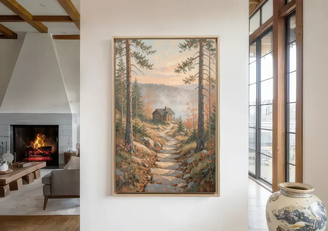Calming Canvas Art of a Lakeside Cottage Path canvas wall art in a living room with a fireplace