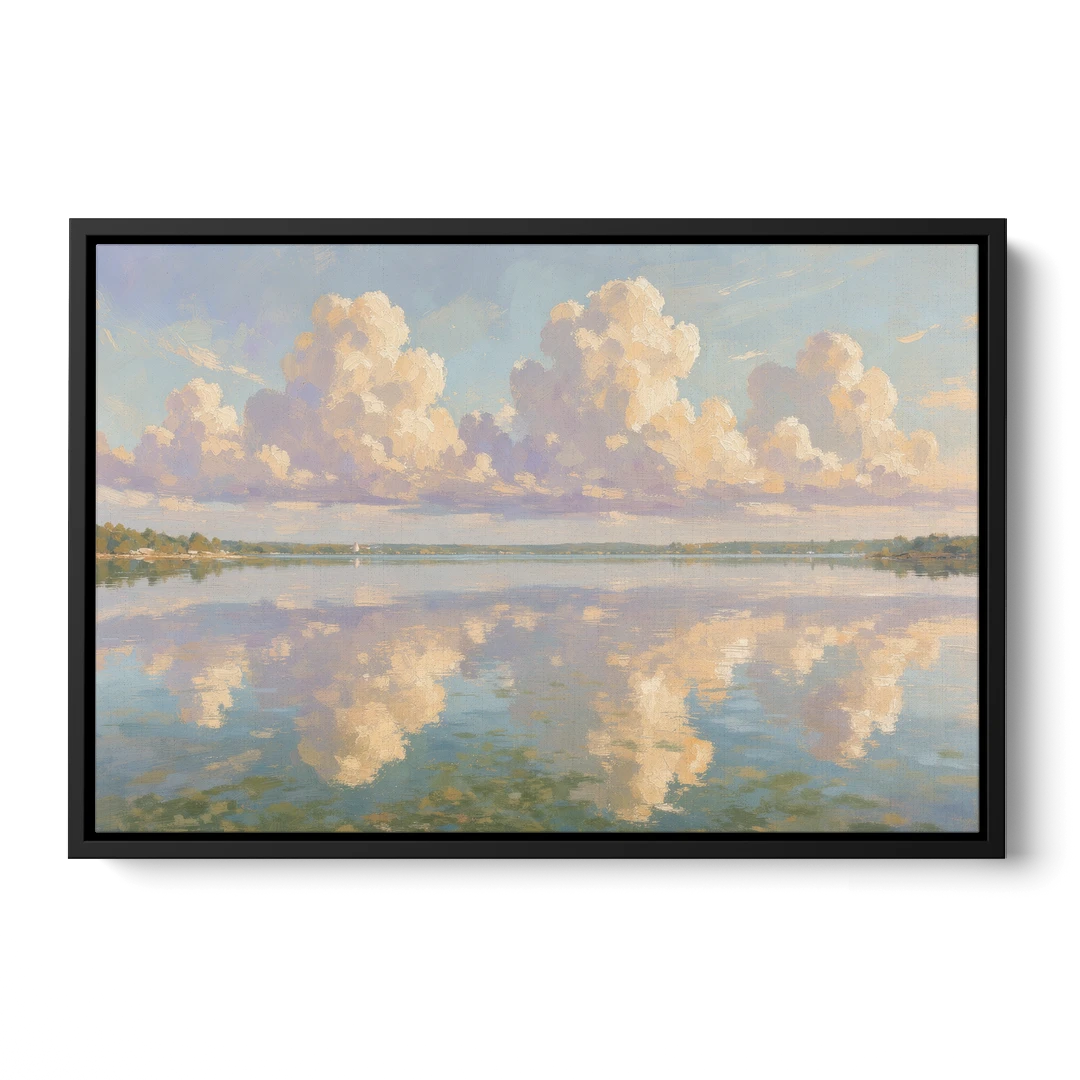 Calming Summer Clouds on the Bay for the Bedroom - Black Framed Canvas Wall Art - Front