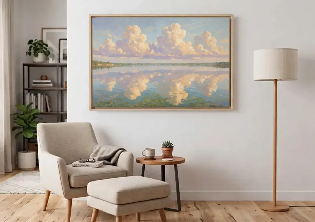 Calming Summer Clouds on the Bay for the Bedroom canvas wall art above an armchair in a bright living room