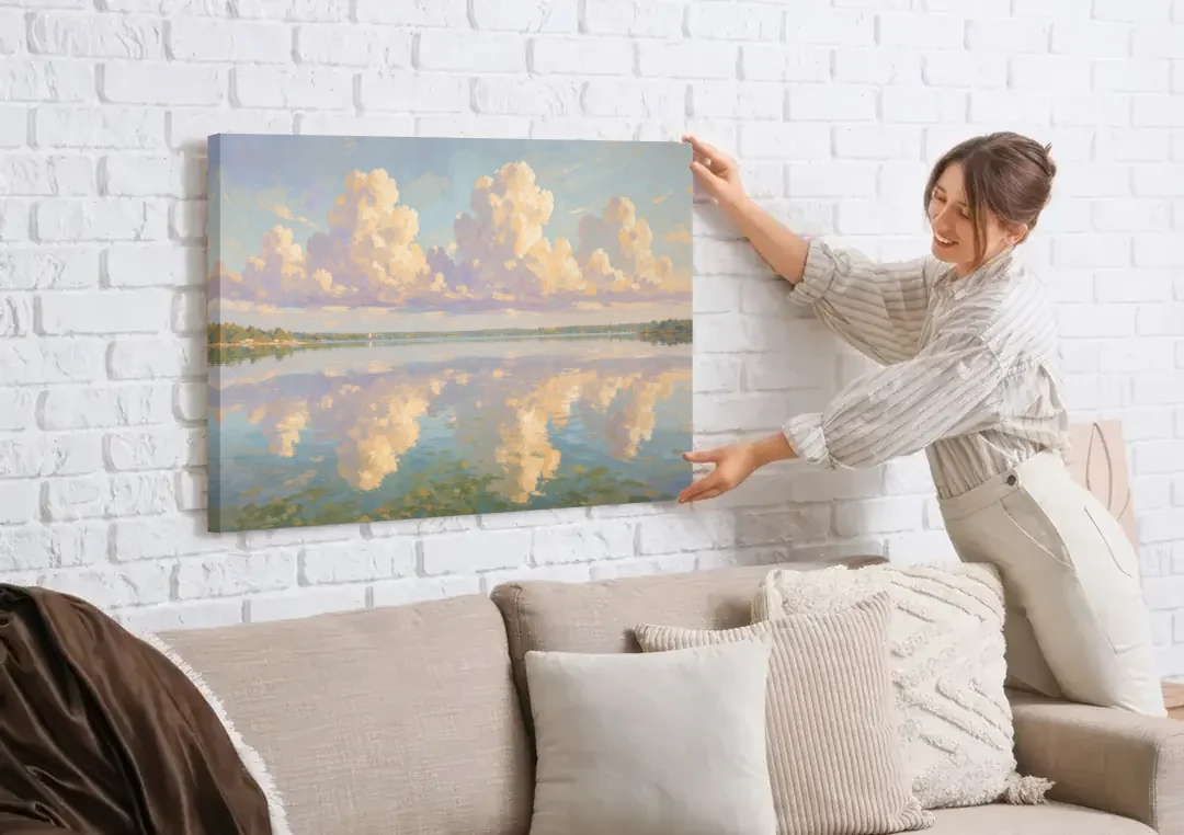 Calming Summer Clouds on the Bay for the Bedroom canvas wall art being hung on a white brick wall above a sofa