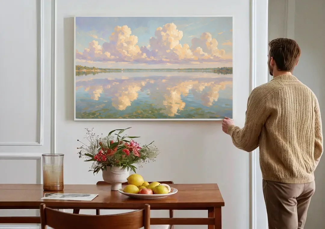 Calming Summer Clouds on the Bay for the Bedroom canvas wall art above a dining table