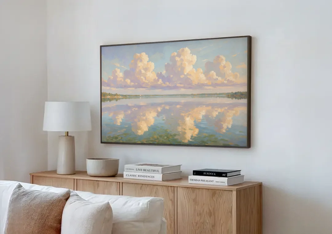 Calming Summer Clouds on the Bay for the Bedroom canvas wall art above a wooden sideboard next to a sofa