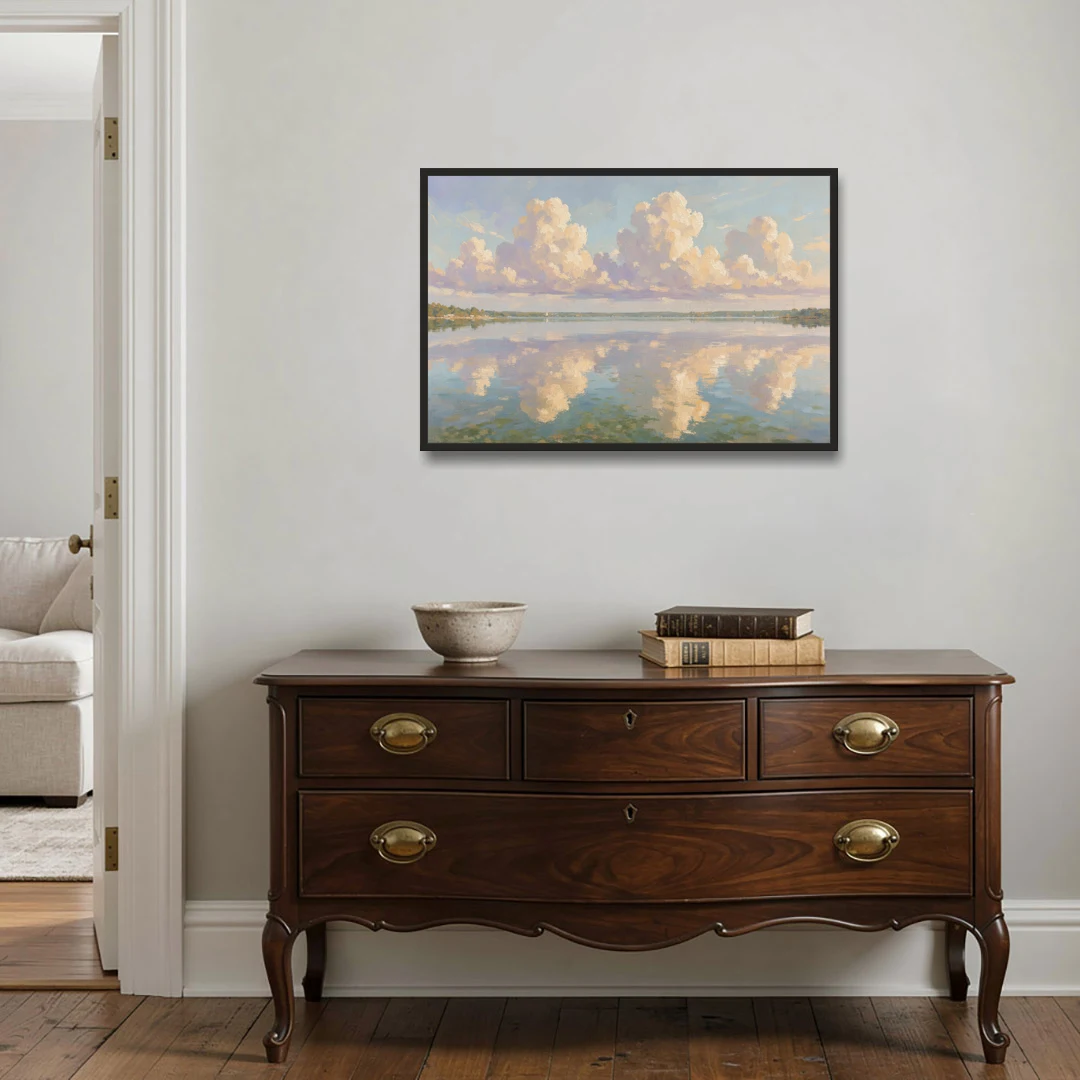 Calming Summer Clouds on the Bay for the Bedroom - Black Framed Canvas Wall Art - Coffee Table - 36x24