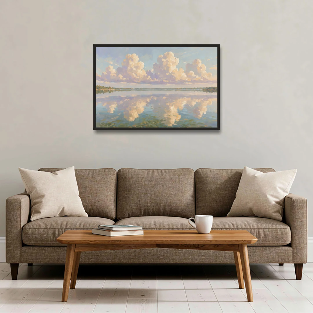 Calming Summer Clouds on the Bay for the Bedroom - Black Framed Canvas Wall Art - Sofa - 36x24