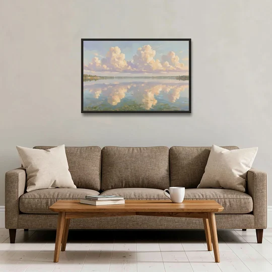 Calming Summer Clouds on the Bay for the Bedroom - Black Framed Canvas Wall Art - Sofa - 36x24