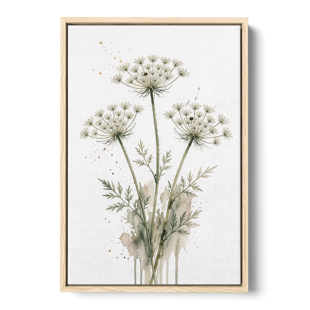 Calming Wall Art for Bedroom with Queen Anne's Lace - Oak Framed Canvas Wall Art - Front