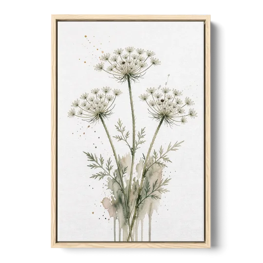 Calming Wall Art for Bedroom with Queen Anne's Lace - Oak Framed Canvas Wall Art - Front
