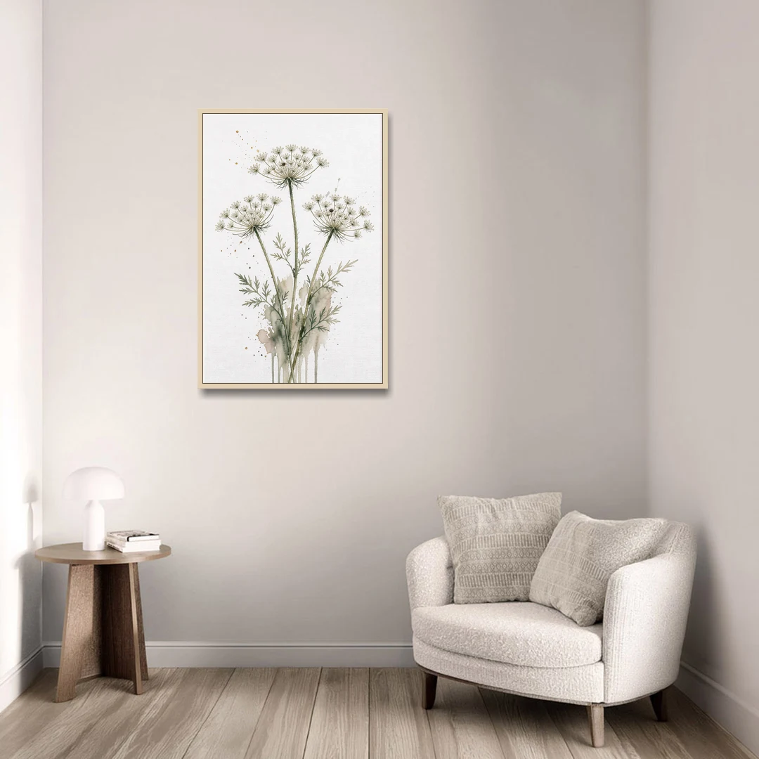 Calming Wall Art for Bedroom with Queen Anne's Lace - Oak Framed Canvas Wall Art - Sofa - 24x36