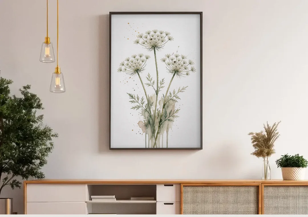 Calming Wall Art for Bedroom with Queen Anne's Lace canvas wall art above a wooden sideboard under pendant lights