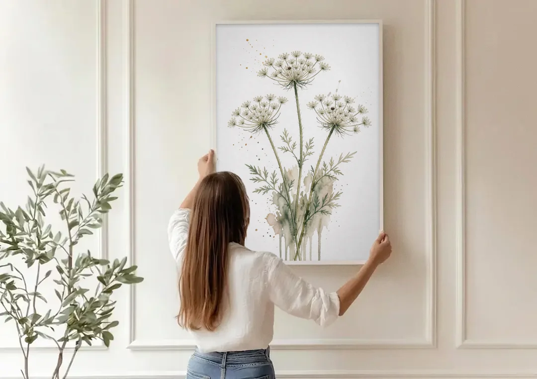 Calming Wall Art for Bedroom with Queen Anne's Lace canvas wall art being hung on a paneled wall