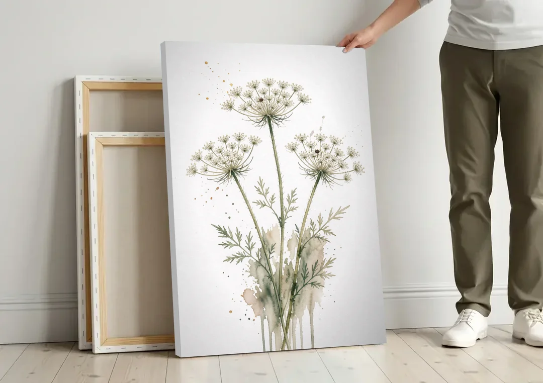 Calming Wall Art for Bedroom with Queen Anne's Lace canvas wall art leaning against a wall next to blank canvases