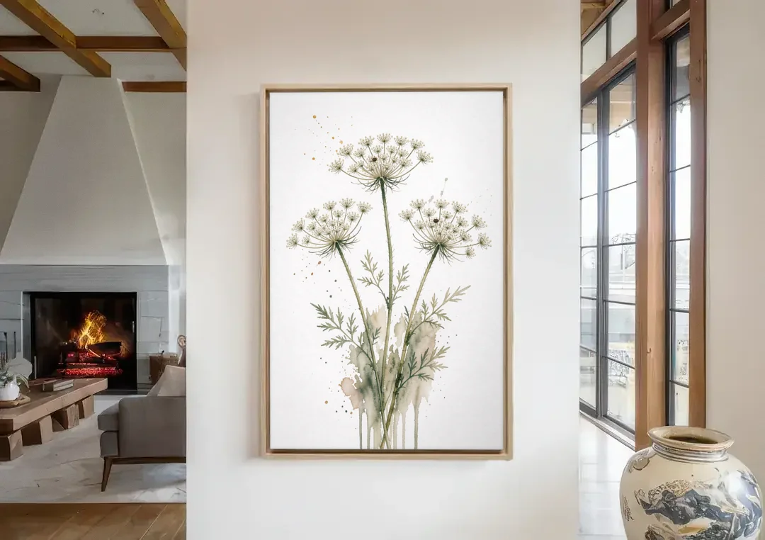 Calming Wall Art for Bedroom with Queen Anne's Lace canvas wall art in a living room with a fireplace