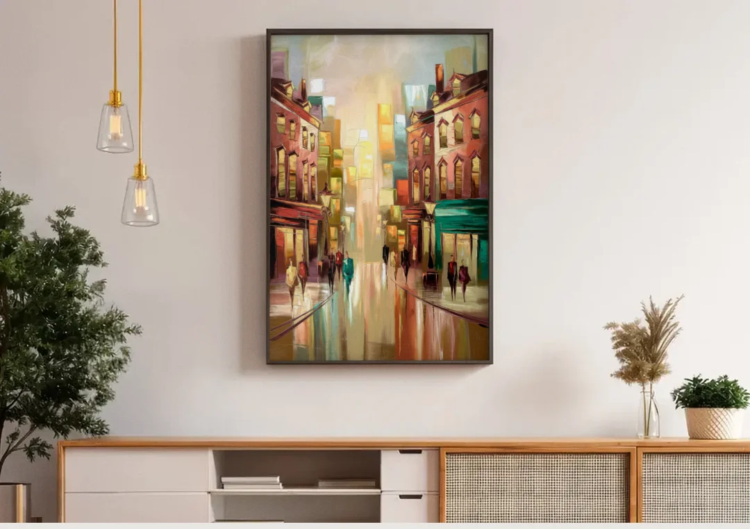 Camden Downtown Streetscape canvas wall art above a wooden sideboard under pendant lights