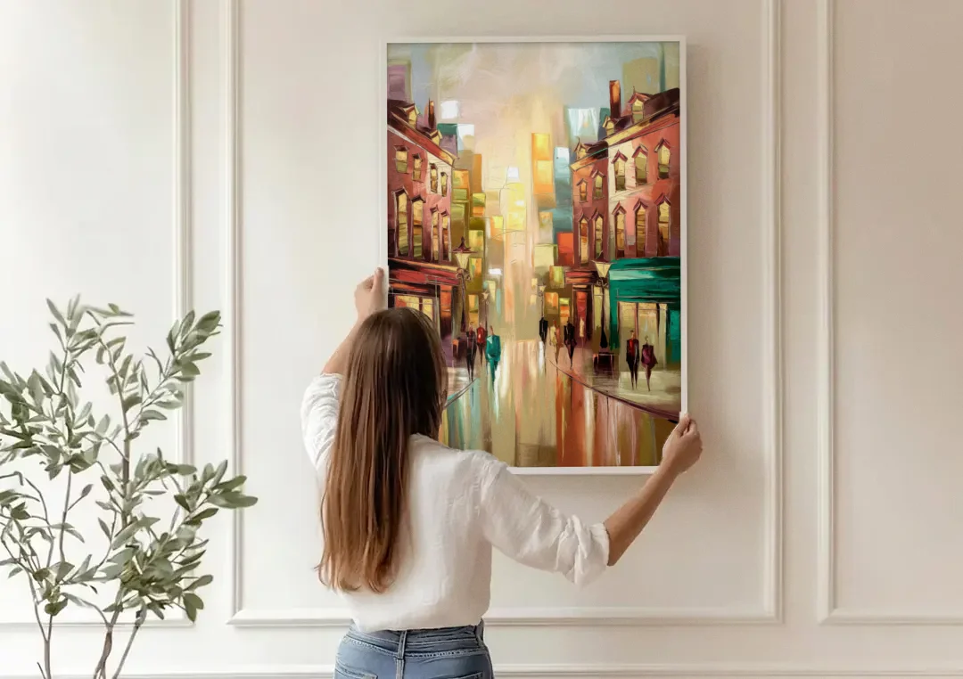 Camden Downtown Streetscape canvas wall art being hung on a paneled wall
