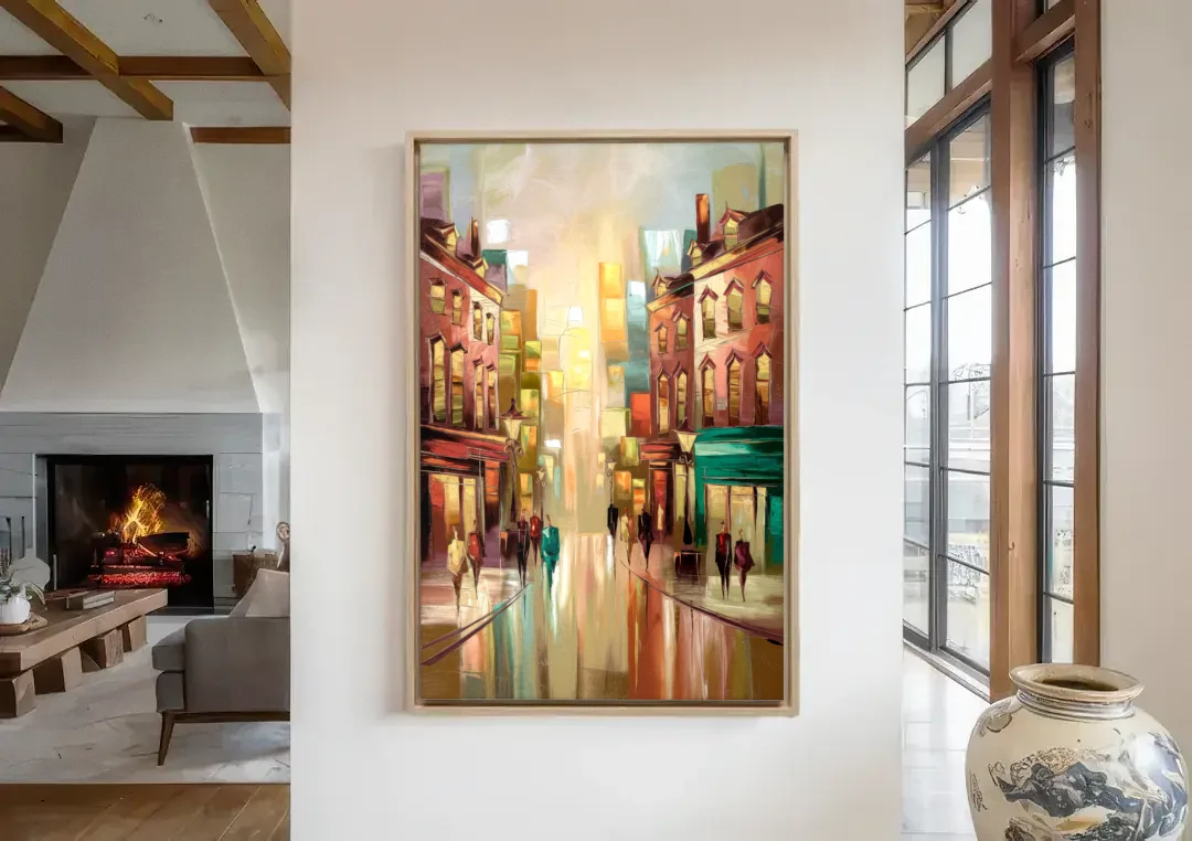 Camden Downtown Streetscape canvas wall art in a living room with a fireplace