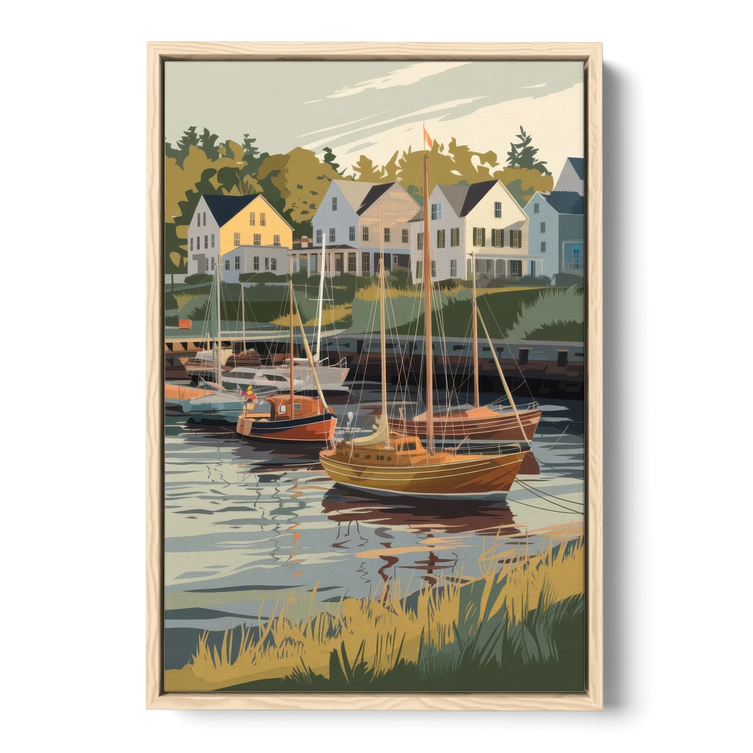 Camden Harbor Boats and Skyline - Oak Framed Canvas Wall Art - Front