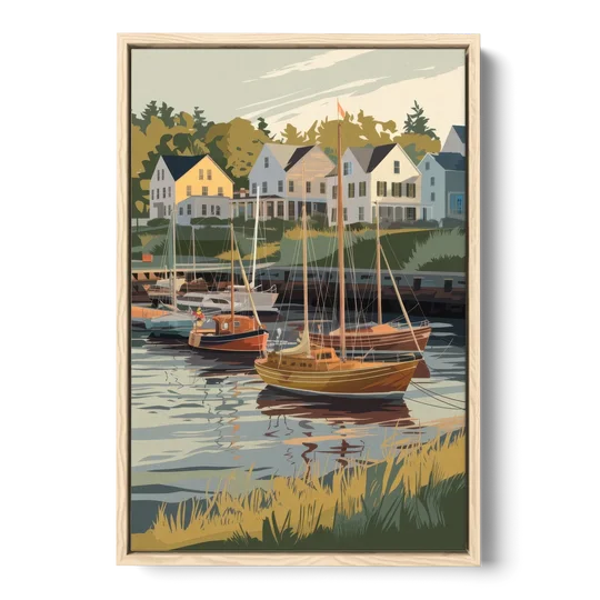 Camden Harbor Boats and Skyline - Oak Framed Canvas Wall Art - Front