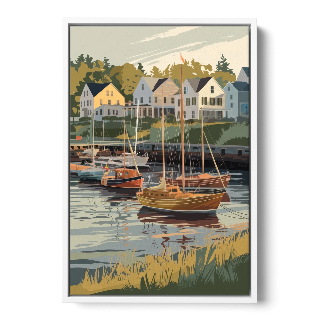 Camden Harbor Boats and Skyline - White Framed Canvas Wall Art - Front