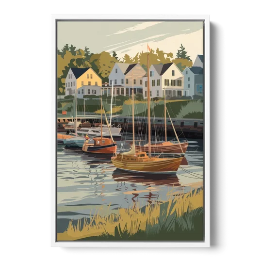 Camden Harbor Boats and Skyline - White Framed Canvas Wall Art - Front