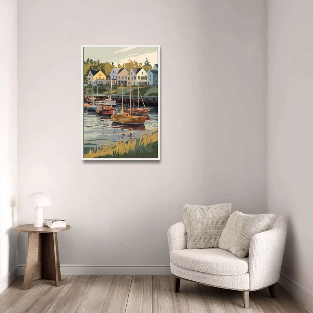 Camden Harbor Boats and Skyline - White Framed Canvas Wall Art - Sofa - 24x36