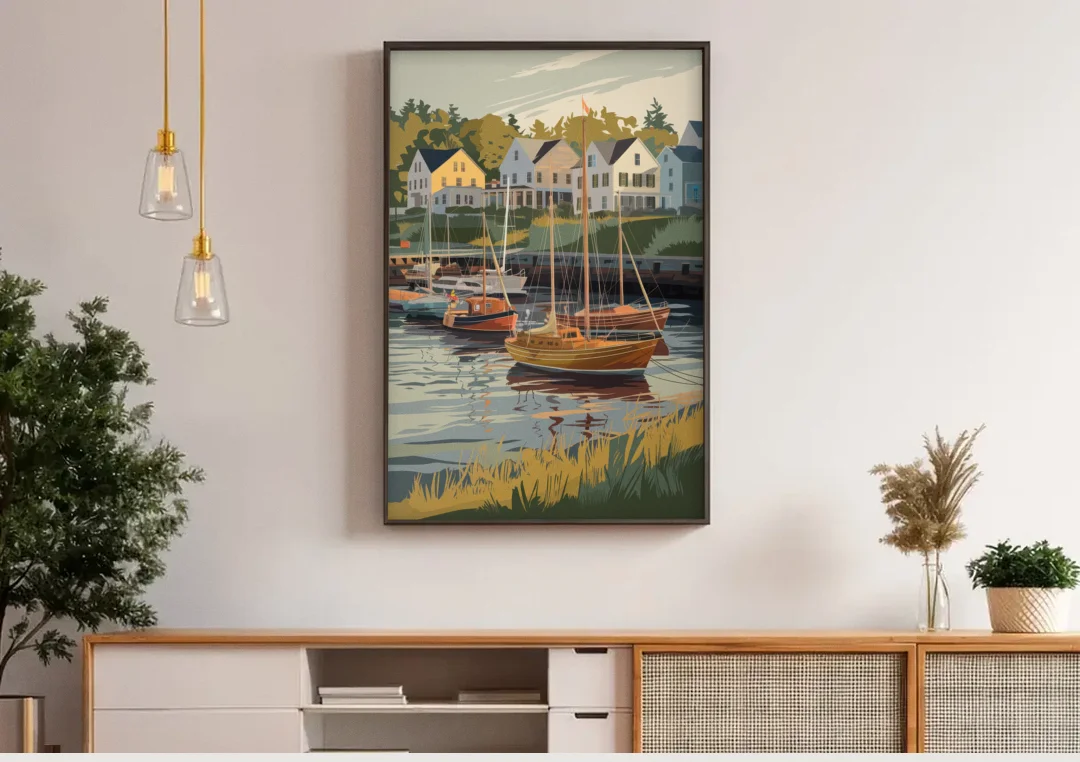 Camden Harbor Boats and Skyline canvas wall art above a wooden sideboard under pendant lights
