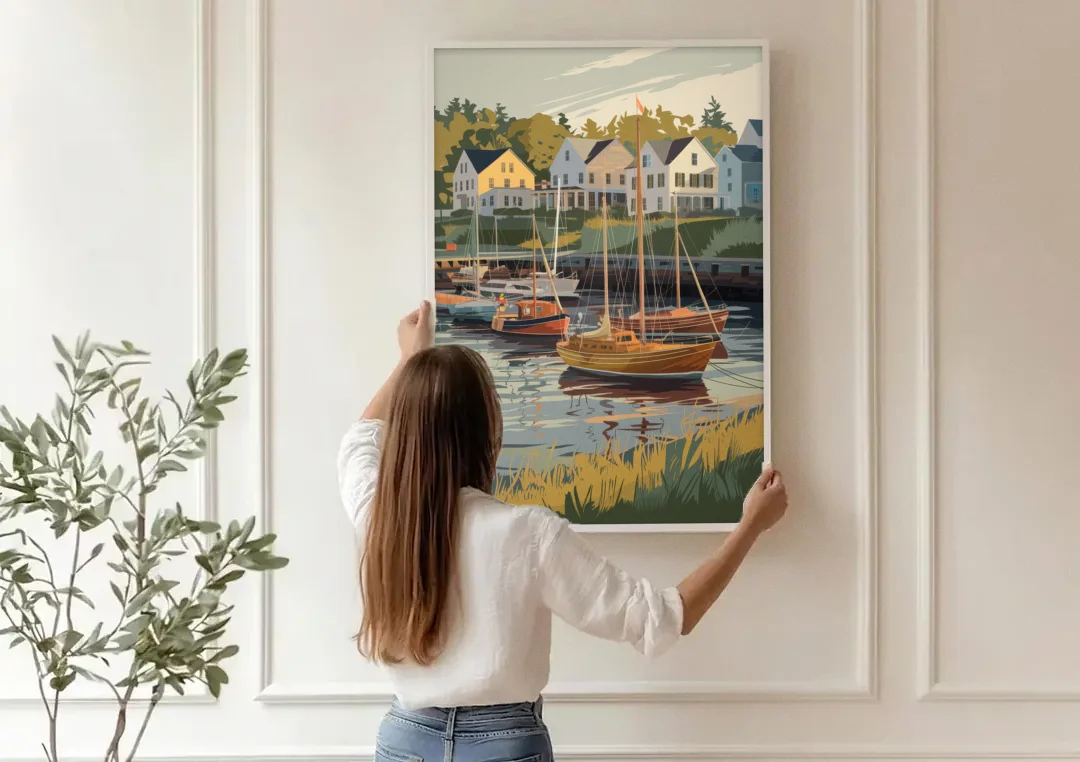 Camden Harbor Boats and Skyline canvas wall art being hung on a paneled wall