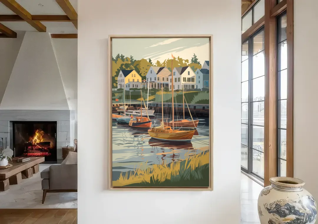 Camden Harbor Boats and Skyline canvas wall art in a living room with a fireplace