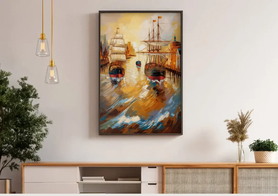 Camden Historic Waterfront canvas wall art above a wooden sideboard under pendant lights